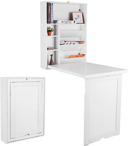 COSTWAY Bureau Mural Rabattable Table Murale Pliable en MDF Meuble de Rangement avec Etagère Intégrée 82 x 16 x 60 CM (Blanc)