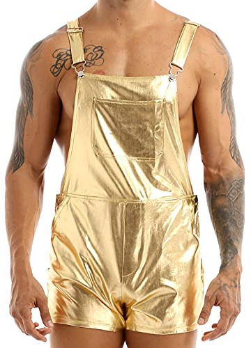 Choomomo Mens Shiny Metallic Shorts Dungarees Suspender Shorts Hot Pants Spandex Leotard Bodysuit
