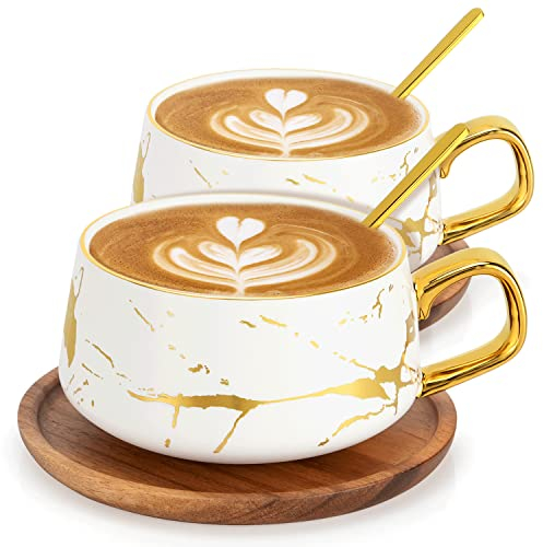 TELANKS Set di 2 Tazze per Cappuccino in Ceramica con Piattini, 300 ml Eleganti Tazze da Caffè da, Set di Tazze da Caffè Ceramica, Mantiene il Calore a Lungo, Bianco