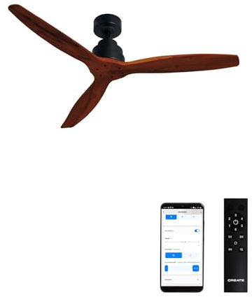 CREATE / WINDSTYLANCE NATURAL WOOD/Deckenventilator Schwarz Dunkelholzflügel mit WLAN und Fernbedienung/ 40W, Leise, Ø132 cm, 6 Geschwindigkeiten, Timer, Sommer-Winterbetrieb, doppelte Höhe
