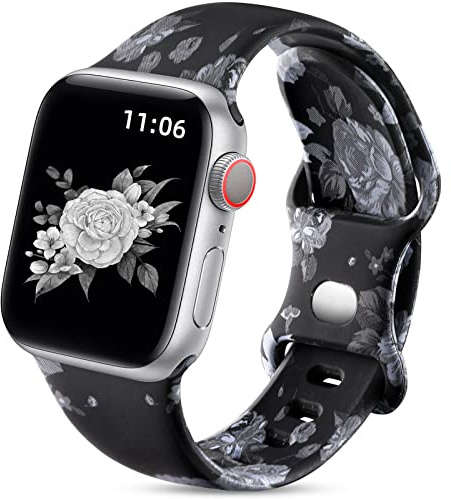 Upeak Doppelseitiges Blumenarmband Kompatibel mit Apple Watch Armband 38mm 40mm 41mm 42mm(Series 11/10), Silikon Armbänder für iWatch 11/10/9/8/7/6/5/4/3/SE 3, 38 40 41 42mm(S 11/10)-S/M, Graue Blume