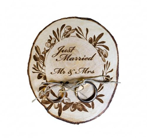 generico Porta FEDI su Fetta di Legno di cipresso con rametti di ulivo, Circa 9/10 cm, portafedi per Matrimonio o Altro Evento Speciale Anniversario, FEDI Nuziali