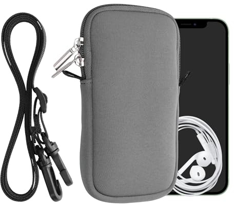 kwmobile Neopren telefonväska L – 16,5 cm – 16,5 x 8,9 cm universell fodralhållare med nackrem och dragkedja – grå