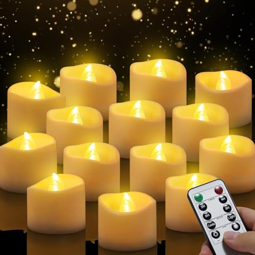 Bougies LED, lot de 14 bougies LED sans flamme, avec télécommande et minuteur automatique : 6 heures allumées et 18 heures éteintes, lumière chaude, 3,2 x 3,6 cm