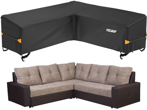 Velway V-Shape Garden Sofa Cover - Waterproof Rattan Corner Garden Furniture Covers with Windproof Straps - 420D Oxford Fabric Anti-UV Outdoor Patio L-Shape Dining Set Cover (Black, 255x255x87cm)