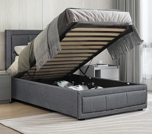 Ottoman Bed, Upholstered Single Bed Frame UKFR Linen Fabric Dark Grey Ottoman Storage Bed with Gas Lift End Opening Wooden Slats with Storage Bed (3ft Small 100 x 204, No Mattress)