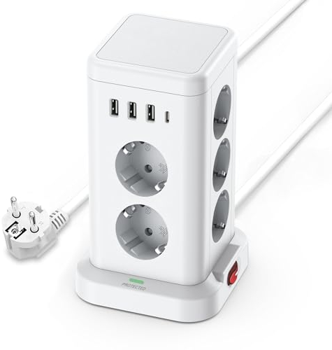 KS Steckdosenleiste mit USB,11 Fach Mehrfachsteckdose mit Schalter (3680W/16A), Steckdosenturm Uberspannungsschutz, Kindersicherung Schuko 1 USB-C 3 USB-A, 1,8m Verlängerungskabel für küche