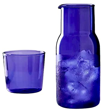 Carafe à Eau avec Tasse en Verre pour Table de Nuit, à Côté de la Carafe, Carafe à Eau pour Table de Nuit, Pichet à Eau en Verre Transparent, Bouteille de Bain de Bouche en Verre, Carafe(Bleu)