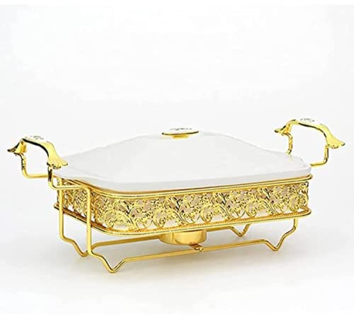 SilteD Chafing Dish Buffet Set, Golden Water Pattern Stainless Steel Chafer Rectangular Chafer Dish Set with Ceramics Chafing Food Pan, Chafer and Buffet Warmer Set (1.5L)