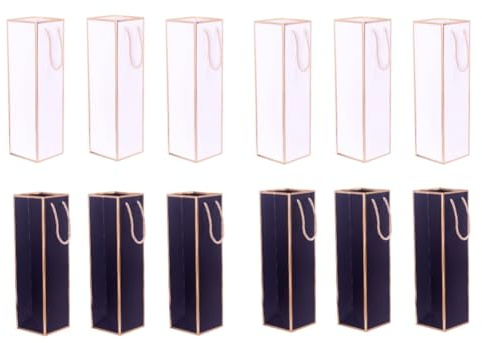 12-pack flaskpåsar för gåvor, svarta och vita vinflaskfickor, vinpåsar med handtag, bärbara vinpåsar av papper, presentpåsar, 10 x 10 x 35 cm
