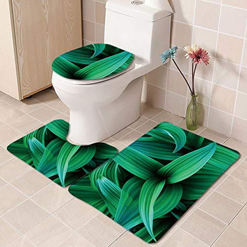 Bad Teppiche Set Dunkelgrüne Blätter Badezimmerteppich Waschbar WC Vorleger mit Ausschnitt und WC Deckelbezug 3 Teilig Badematte rutschfest Toilettensitzbezug Badgarnitur 45x75 cm