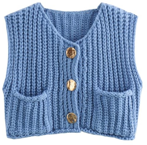 OLIPHEE Pull sans Manche Femme Pull Court Col V Gilet Femme Gilet Tricoté Veste Couleur Unie Sweater Casual Basique Élégant Cardigan Tricoté Printemps Automne Bleu M