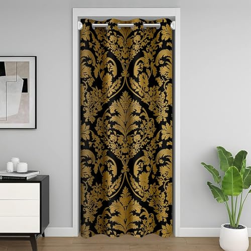 Loussiesd Schwarz Gold Türvorhang 86x203cm Vintage Damast Floral Vorhang für Oriental Antik Vorhang Gotik Bohemia Boho Blume Vorhang für Innentür Raumteiler Wohnzimmer