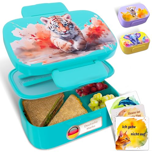 Mumaka Brotdose Kinder mit Fächern - auslaufsichere und robuste Snackbox mit Besteck, Bentobox für Schule, Kita & unterwegs mit sicherem Verschluss, praktische Lunchbox mit Motivationskarten
