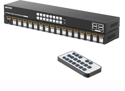Arvitek 16 Ports KVM Switch HDMI, 16 in 1 Out Rack Mount KVM 4K@30Hz with 4 USB 2.0 Ports, 16 Computers Share 1 Set of Monitor, Keyboard, Mouse, Included 16 HDMI Cables + 16 USB-B Cables + IR Remote