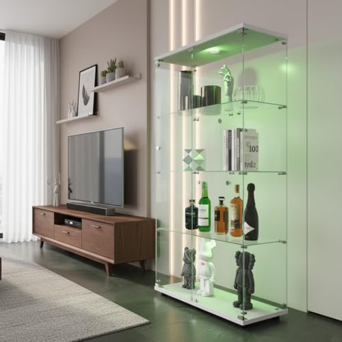 WOBOPCG Vetrinetta In Vetro Con Illuminazione LED, Vetrina Moderna A Piantana Per Soggiorno, Ufficio, Oggetti Da Collezione, Libri, Vino (4 Ripiani, 2 Porte)