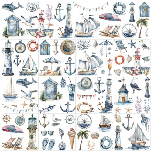 AHANDMAKER 12 Sheets Nautical Rub On Transfer Stickers, Ocean Themed Window Decoration Featuring Lighthouses, Ships, and Marine Life for Sea Lovers, Home & Party Decoration Needs, 5.5 x 5.5 Inches