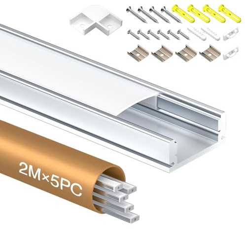 Shine Plus LED Profil U-Form 2m × 5 Stück, Schiene aus eloxiertem Aluminium, kanal für Streifen bis 12mm, diffusor für gleichmäßige Lichtverteilung (5×2 Meter)
