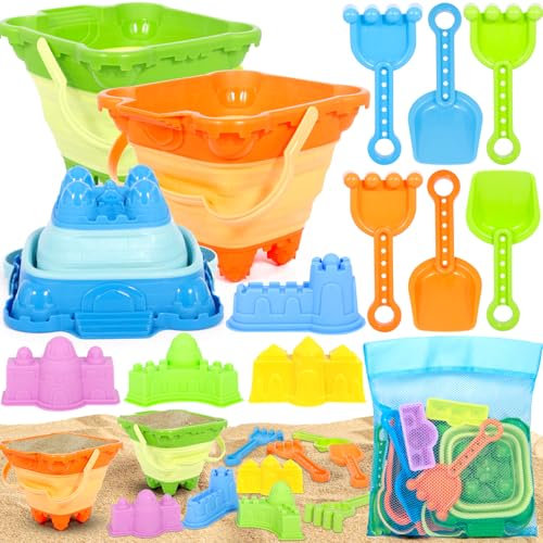 KDISHKRA 14PCS Sandspielzeug Set für Kinder – Strandspielzeug & Sandkasten Spielzeug mit Burg Eimer, Sandformen, Schaufeln & Netztasche – Outdoor Sandkasten Zubehör ab 3 Jahre
