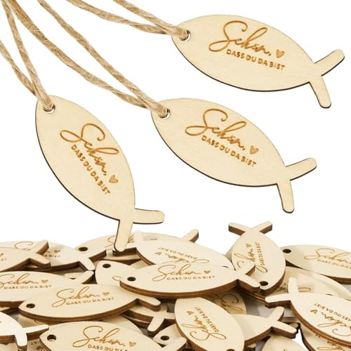 50 Stücke Holz Geschenkanhänger Schön Dass Du Da Bist Holzanhänger Fischform Holzdeko Streudeko für Kommunion Hochzeit Taufe Geburtstag Party