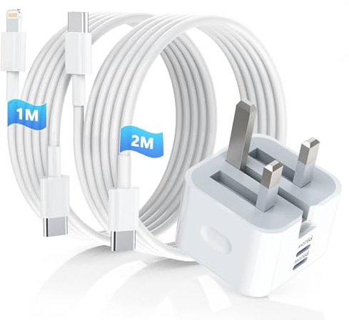 40W iPad & iPhone Charger Plug with 2M USB‑C Cable + 1M Lightning Cable | Dual USB‑C Fast Charger for iPad Pro 13/12.9/11(2015–2025), iPad Air 1–5 M2/M3, iPad mini 2–7, iPad 4–11, iPhone, MacBook Neo