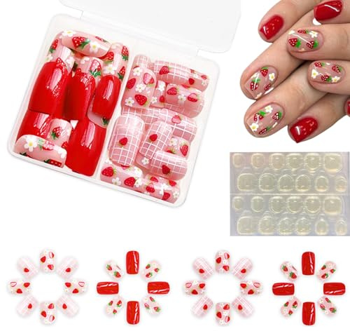 48-Piece Short Press-On Nails, Red Strawberry, Floral And Checked Designs | Includes Transparent Adhesive Tabs And Compartmented Storage Case, For Quick Home Manicures, Parties And Casual Occasions