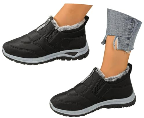 Bottes d'hiver thermiques pour femme - Grande taille - En daim - Faciles à enfiler - Pour les jours de pluie - Motard - Semelle épaisse à crampons - Boucle à fermeture éclair, Noir , 39.5 EU