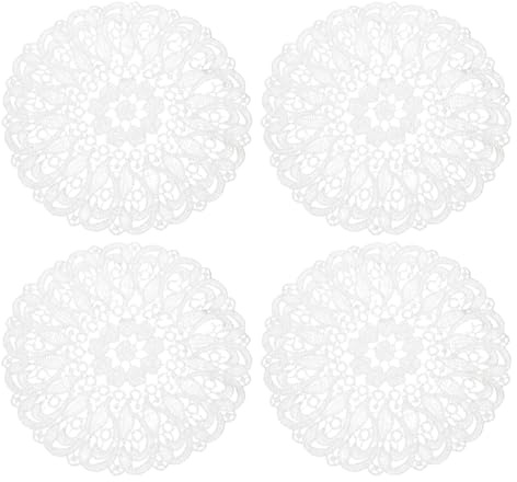 sourcing map 4 Pcs Lace Doilies for Tables, 8 Inch Round Lace Placemats, Handmade Crochet Cotton Lace Coasters for Kitchen Dining Room Wedding, White & Flag
