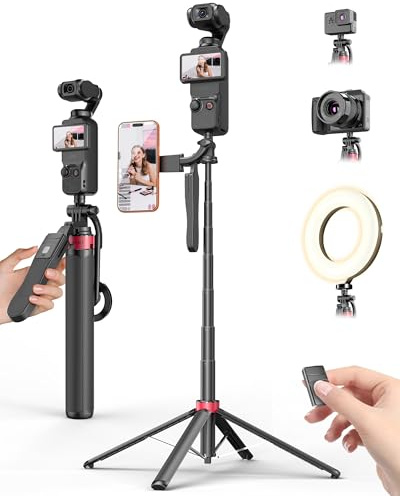 Kinwald Magnetic Phone Tripod with Remote, 67 Selfie Stick Tripod for Vlogging, 11.7 Folded, 0.9 lb Portable Tripod Stand with Adjustable Angles and 1/4 Screw for Phone, Camera, Fill Light