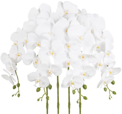 YIFYBY 4PCS Faux White Orchid Artificial Flowers, 35inch Long Stem White Fake Orchid, Realistic Phalaenopsis Flowers for Tall Vase Home Wedding Party Decoration