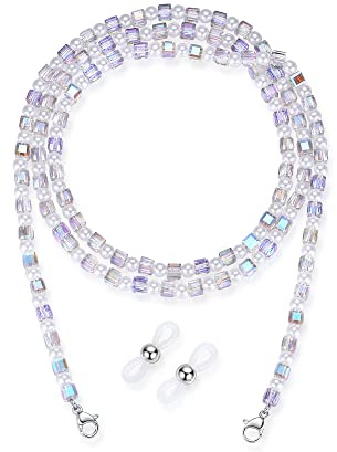 REVEMCN Crystal Beaded Glasses Chain for Women, Spectacle & Sunglasses Holder Necklace, Face Mask Lanyard, 76 cm Eyeglass Strap with Silicone Loops for Women & Girls