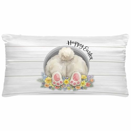 Easter Bunny Satin Pillowcase for Hair and Skin with Zipper, Soft Breathable Cooling Silk Pillow Cases, 3D Optical Illusion Farmhouse Flower Wood Grain Throw Pillow Covers King Size 20x40