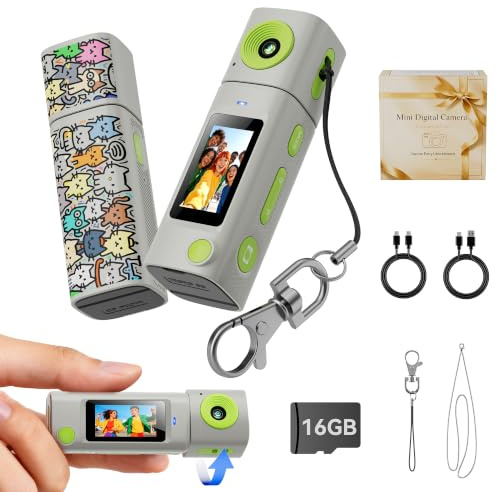 Mini Keychain Digital Camera:2K Digital Mini Camera with 16GB Card, Vintage Keychain Camera with 270° Rotating Lens, 400mAh Battery Portable Small Cameras with Elegant Gift Box for Travel,Kids,Gifts