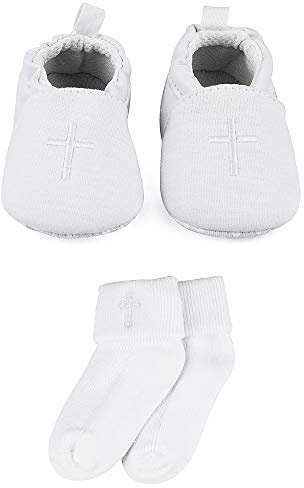 LACOFIA Baby, flicka, halkfri, mjuk sula, vita dopskor och haklapp med broderat kors, Vit - E-vit - 0-3 Monate