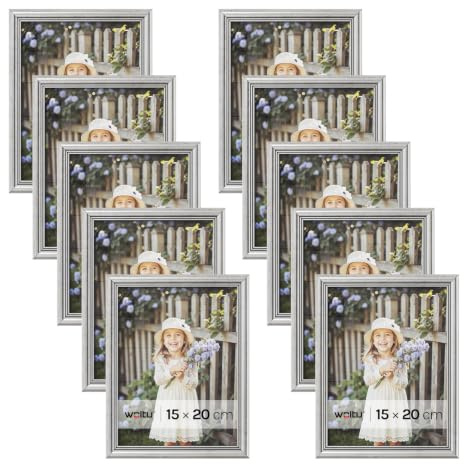 WOLTU Bilderrahmen 15x20, 10er set, Massivholz Fotorahmen mit Passepartout | Silber, Front aus PS-Platte, Posterrahmen zum vertikalen oder horizontalen Aufhängen und Aufstellen, Collage Wanddeko