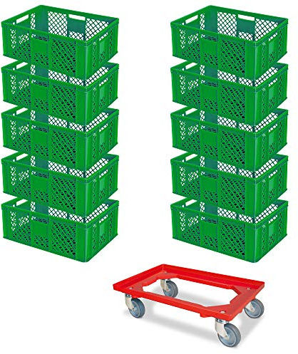 BRB 10 Eurobehälter, LxBxH 600x400x240 mm, lebensmittelecht + 1 Transportroller (grün/rot)