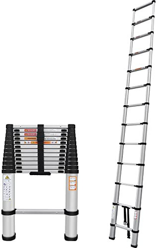 5M Telescopic Ladders 12 Steps Aluminium Extending for Multi-Purpose Indoor Outdoor Roof Work Decoration Builder Supply 150KG Capacity