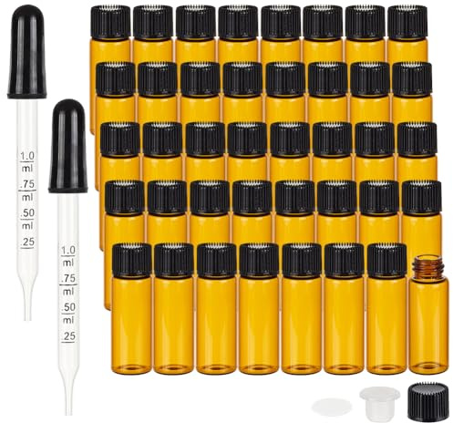 BENECREAT 40 Pack 5ml Botellas Vacías de Aceite Esencial de Vidrio Ámbar con Tapa de Rosca Frascos de Vidrio de Muestra con Pipetas, Etiqueta para Maquillaje Cosmético de Aromaterapia