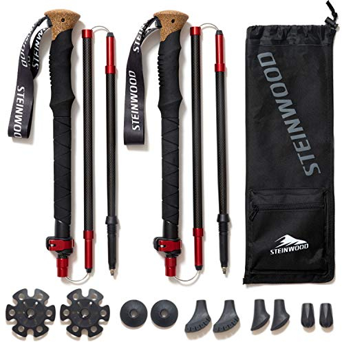 Steinwood Premium Carbon Wanderstöcke - Trekkingstöcke - extra leicht, verstellbar mit Teleskop und Klemmverschluss mit extra Gummipuffer und Tragebeutel (zum Falten 120cm)