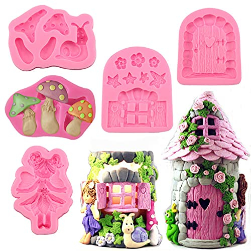 Xidmold 5 Stück Fee Feenhaus Tür Silikon Fondant Schokoladen Silikonform Kuchen Formen Fairy Garden Backform Fondantform Kuchen Zucker Werkunterricht Form Formwerkzeug Kuchendeko Schokoladenform