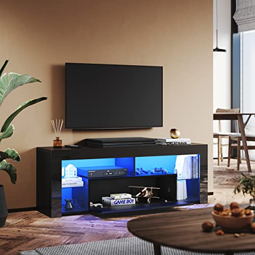 SUNXURY Meuble TV bas de 140 cm avec étagères en verre 140 x 35 x 50,5 cm Noir brillant