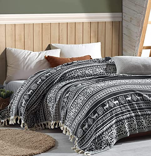 BOHORIA® Premium Tagesdecke Nordic 200x240cm - Bettüberwurf Wohndecke Wendedecke Kuscheldecke Sofadecke mit Muster | extra-groß (200 x 240 cm, Reindeer Obsidian)