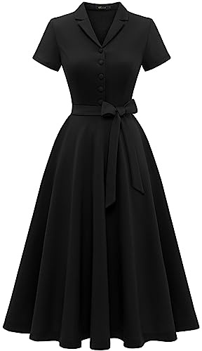 Wedtrend Cocktailklänning i vintagestil för kvinnor, A-linje, midilängd, V-ringad aftonklänning, eleganta fritidsklänningar, svart, M