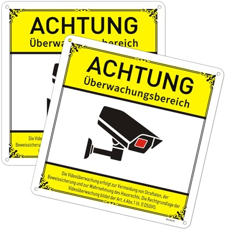 2 Stk. Achtung Schilder Überwachungsschild Videoüberwachungszeichen Warnungsschild Sicherheitsschilder 20x20cm (Gelb-DE)