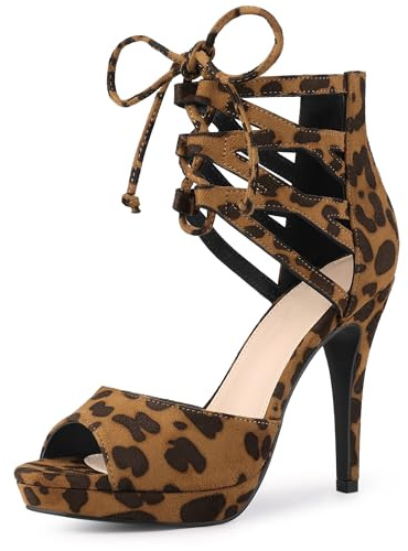 Allegra K Sandalias de tacón alto con plataforma tipo gladiador con tiras y puntera abierta para mujer, leopardo, 40 EU