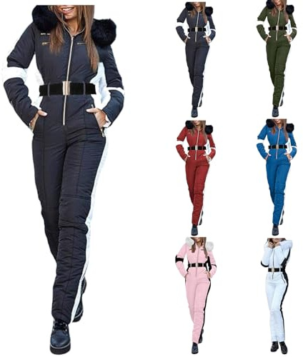 Angxiwan Women's One Piece Ski Suit Winter Warm Snowsuit, Fur Collar Hooded Skiing Jacket With Non-Removable Outdoor Sports Trouser, Windproof Jumpsuit