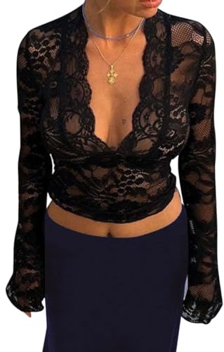 Onsoyours Femme Top Y2k Haut Court à Manches Longues Ajusté Crop Tops Dentelle Décontracté Col V Couleur Unie Basiques Transparent T-Shirt Slim Fit Shirt Sexy Y2K Cropped B Noir L