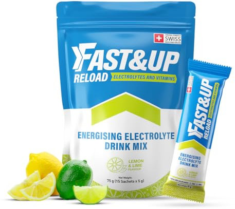 Fast&Up Reload Electrolyte Powder Drink Mix |15 sachets| 5 Electrolytes & Vitamins for Instant Hydration & Energy | (Lemon & Lime)