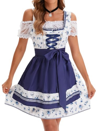 ZEAGOO Robe midi élégante Dirndl pour femme, 2 pièces, style folklorique, pour fête de la bière, tailles XS à XXL, bleu floral, XL