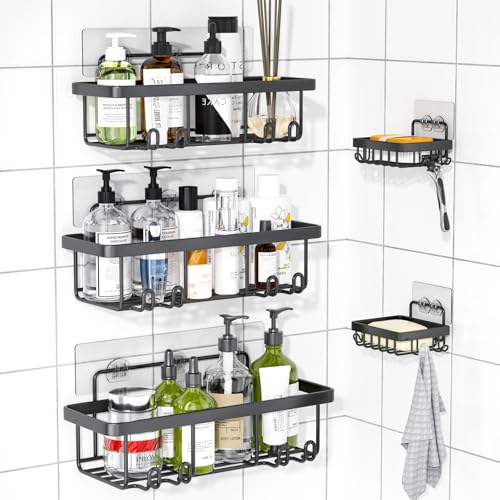 Fwuioge Duschablage Ohne Bohren,5 Stück Badezimmer Organizer,Rostfreier Duschregal Ohne Bohren,Großer Kapazität Shower Shelf Duschkorb,Shampoo Duschgel Halterung für Dusche,Schwarz